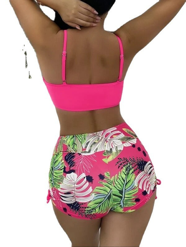 Women’s bra and shorts swim set with adjustable side string ties; supportive top and sporty shorts available in multiple colors.