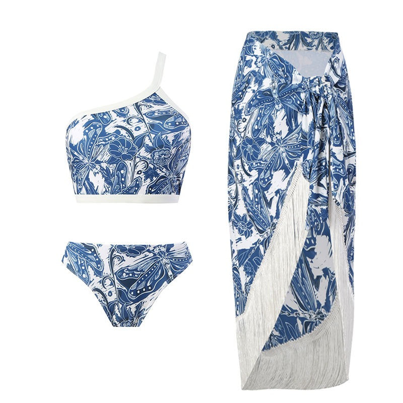 One-shoulder bikini with wrap skirt