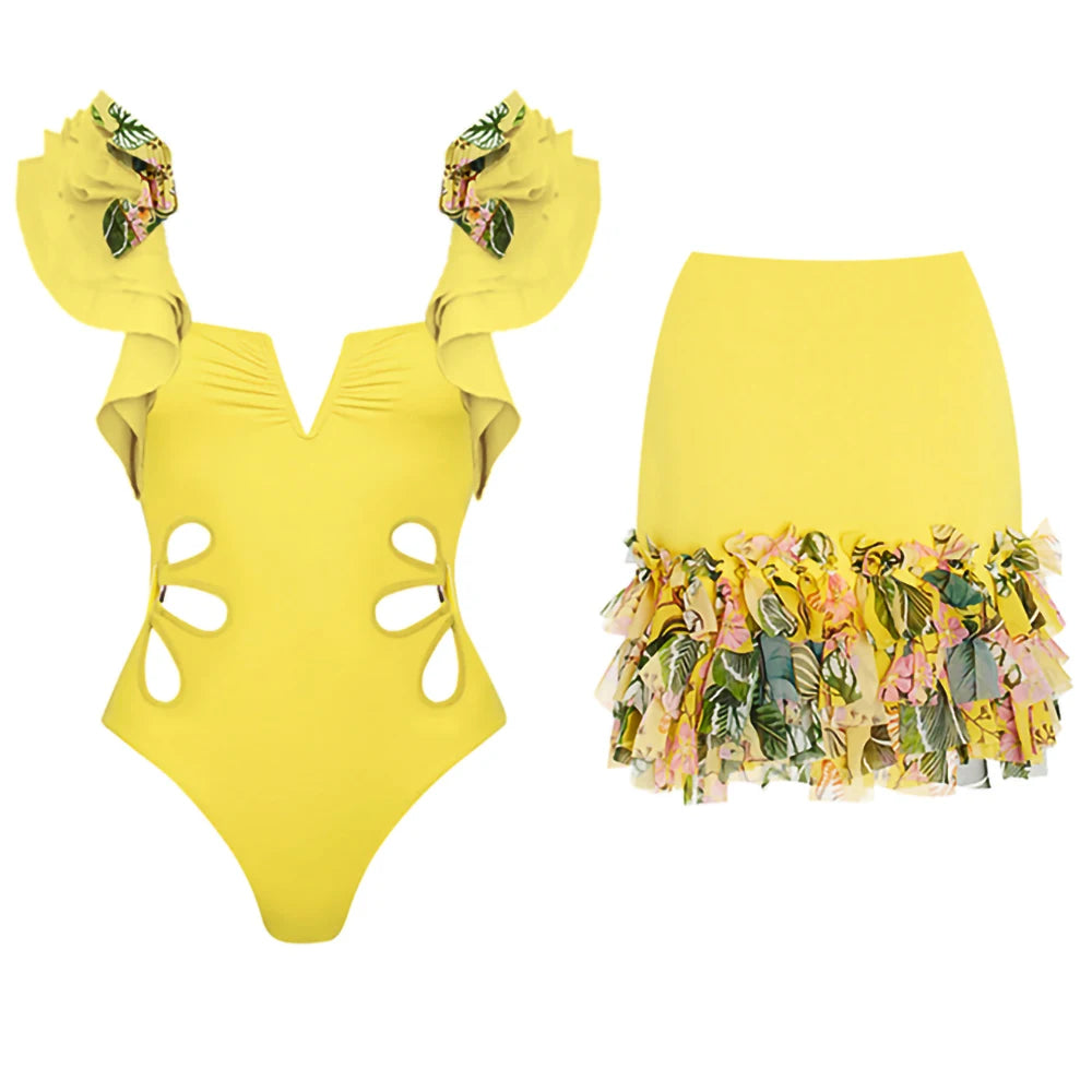 Yellow swimsuit and skirt cover-up  sold at PeachyBeanz