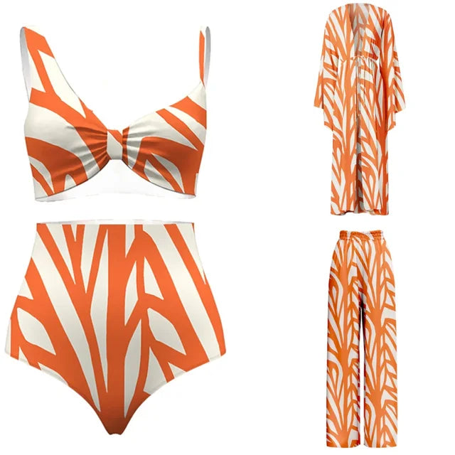 Orange Cream Stripe Printed Beachwear