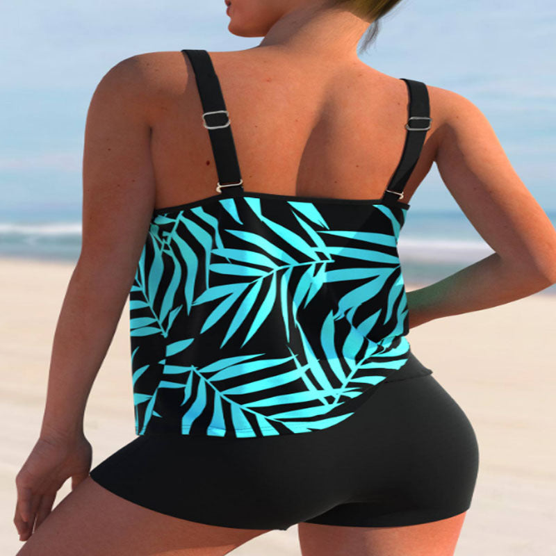 Striped two‑piece polyester swimsuit for women with padded V‑neck top and matching shorts; lightweight, fully lined, ideal for swimming and wading. 