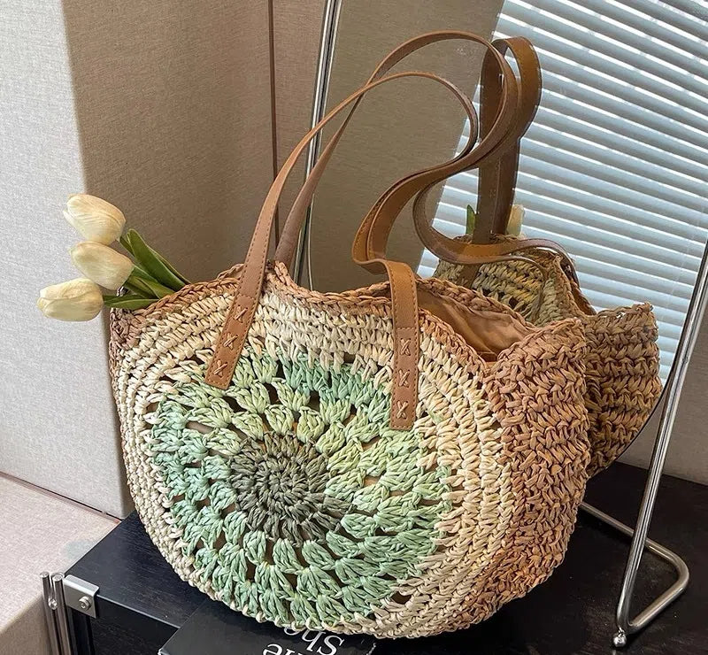 Women's Round Rope Hollow Beige Woven Casual Beach Shoulder Fashionable Bag