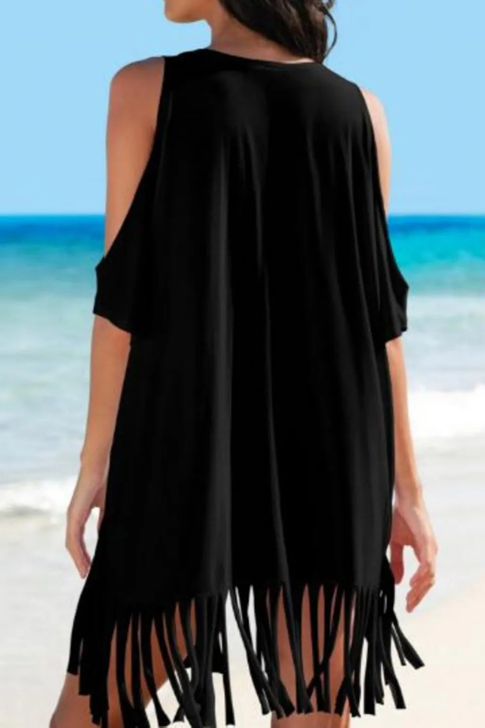 Loose printed beach cover up with breathable open weave, short sleeves, and knee‑length hem.