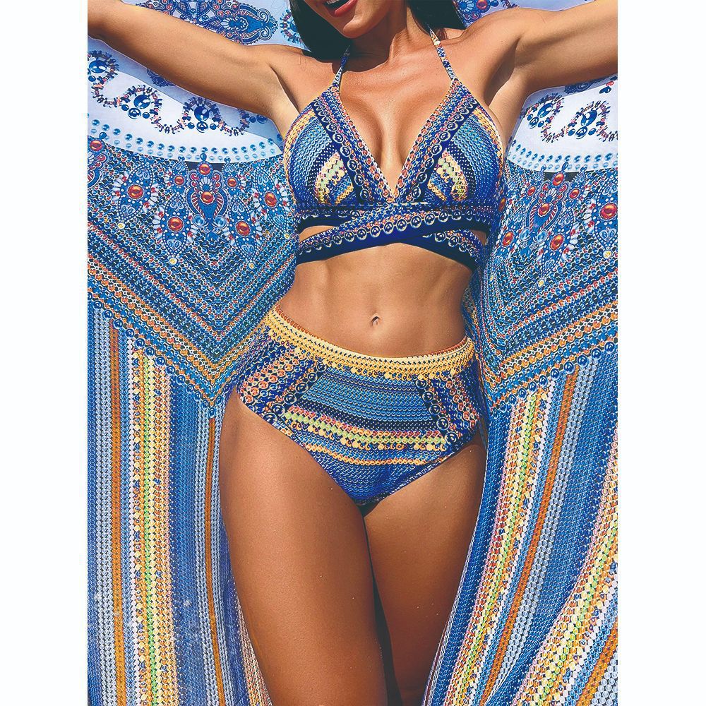 Woman wearing a colorful swimsuit sold at PeachyBeach.