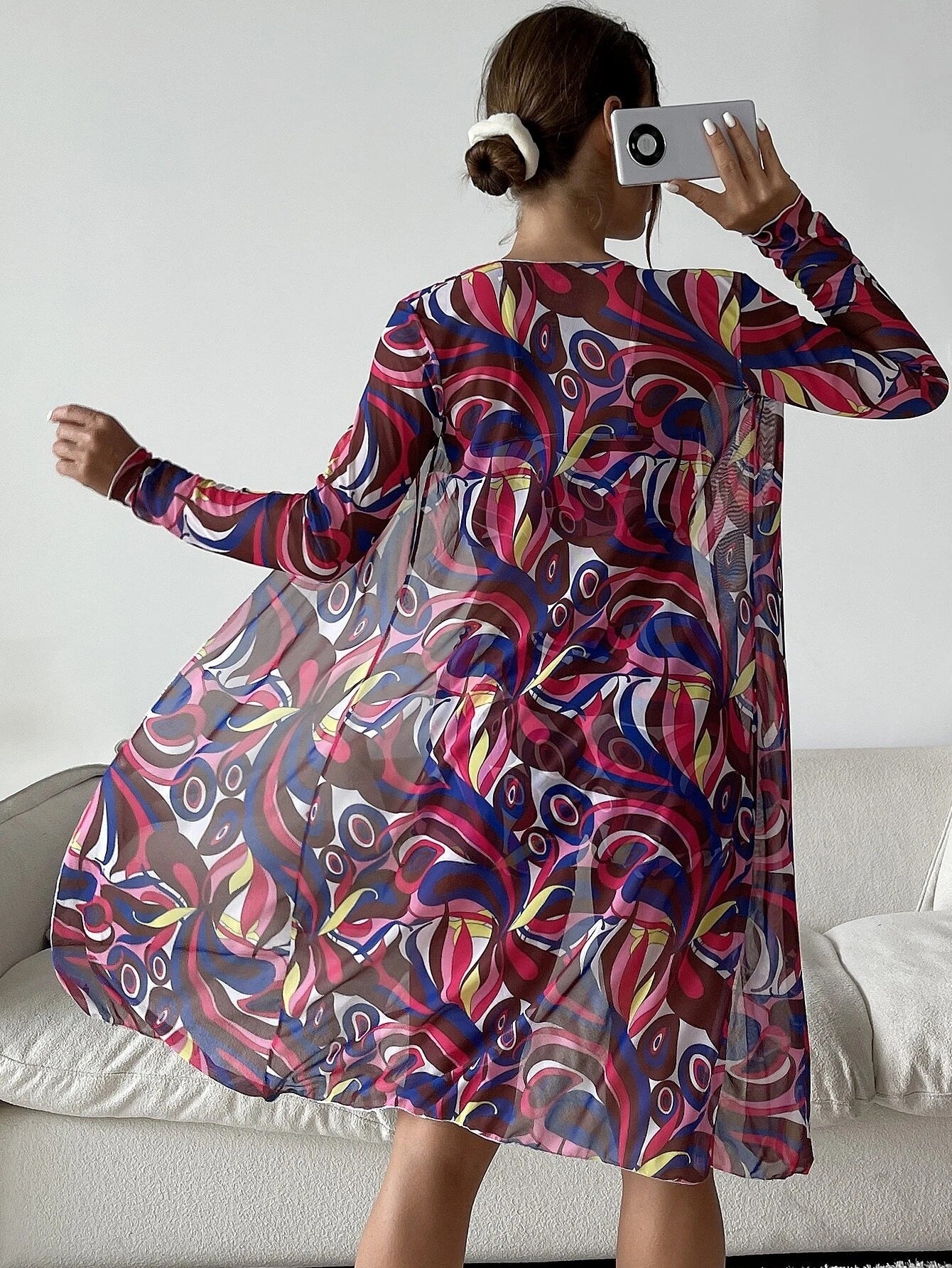 Three‑piece pattern print swimwear set featuring a supportive top, high‑waist bottoms, and coordinating cover or accessory piece; bold tropical foliage pattern and streamlined fit.
