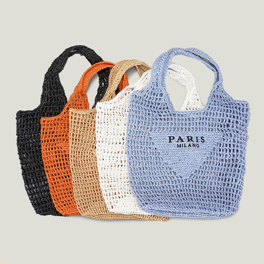 Woven tote bag with 'Paris Milano' text on a light gray background