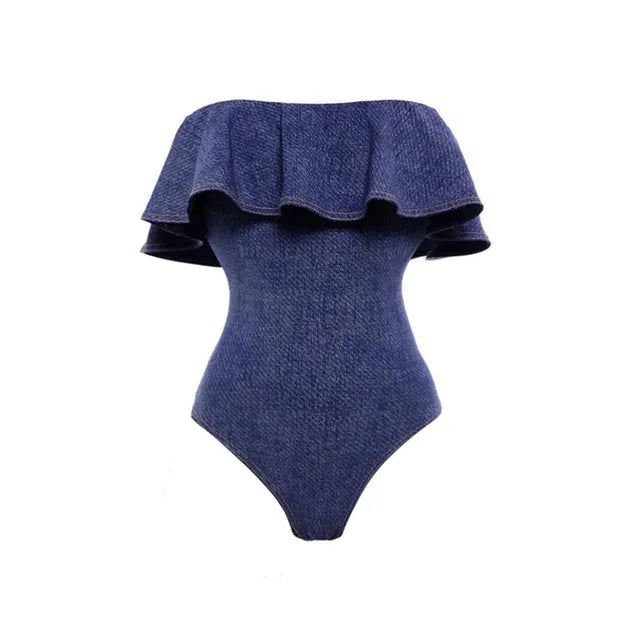 Blue swimsuit against a white background.