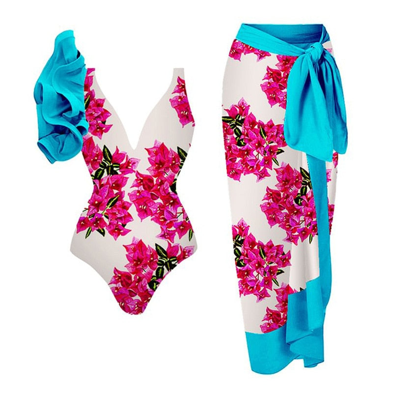 Tropical floral two‑piece bikini with adjustable straps and high‑waist bottom.