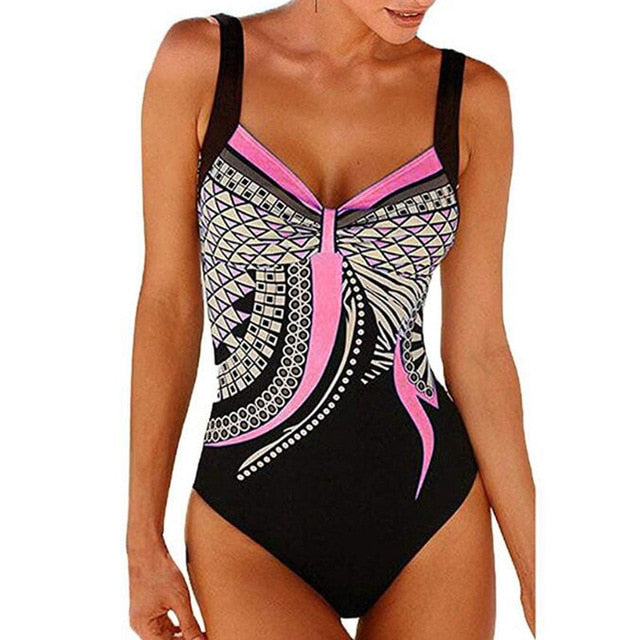Vintage‑style push‑up printed swimsuit for women made of polyester and spandex, displayed on a plain background.