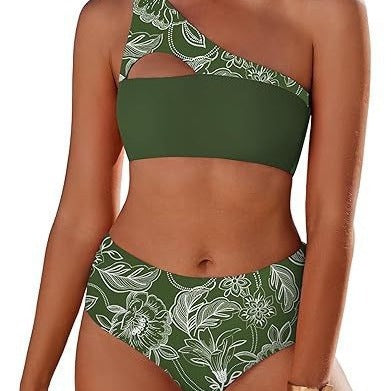 Two-piece high-waisted bikini with single-shoulder top in fragmented floral print.