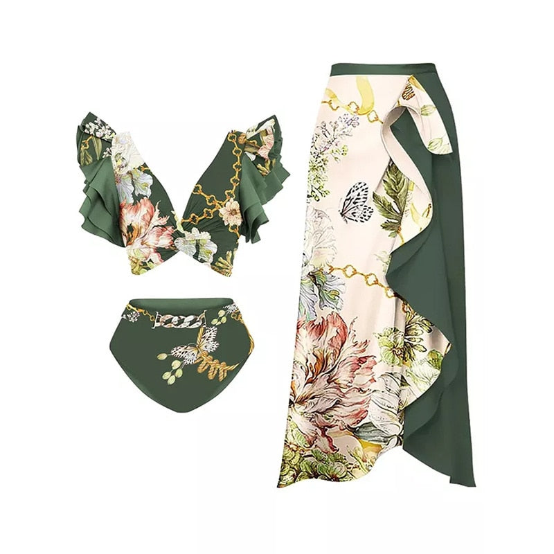 Beautiful two-piece bikini set with butterfly and floral design on a white background