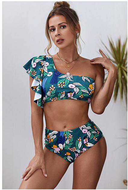 Women’s one‑shoulder ruffle swimsuit with vibrant summer print, supportive lining, and figure‑flattering cut.