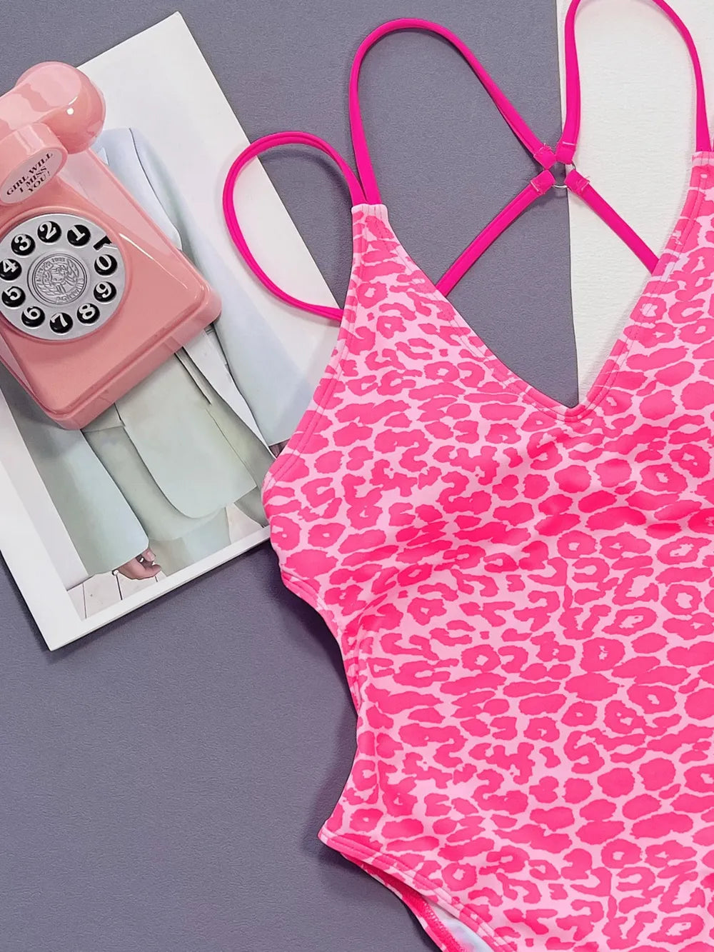 Pink leopard print one-piece swimsuit 
