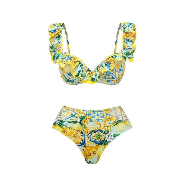 Woman wearing a swimsuit sold by PeachyBeanz.