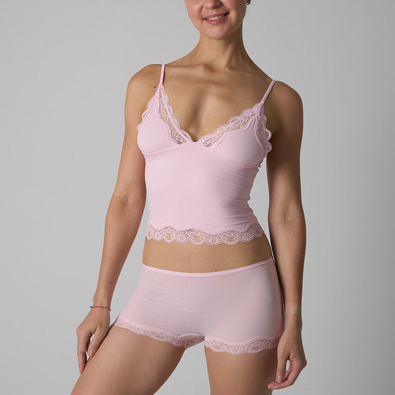 Women’s thin spandex‑nylon V‑neck strap top with matching shorts, breathable loungewear set.