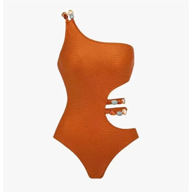Orange swimsuit against a white  background