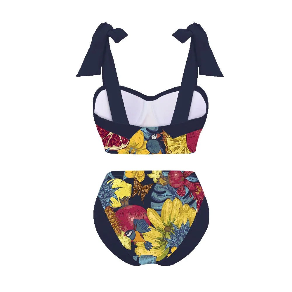Floral bikini set with navy straps on a white background