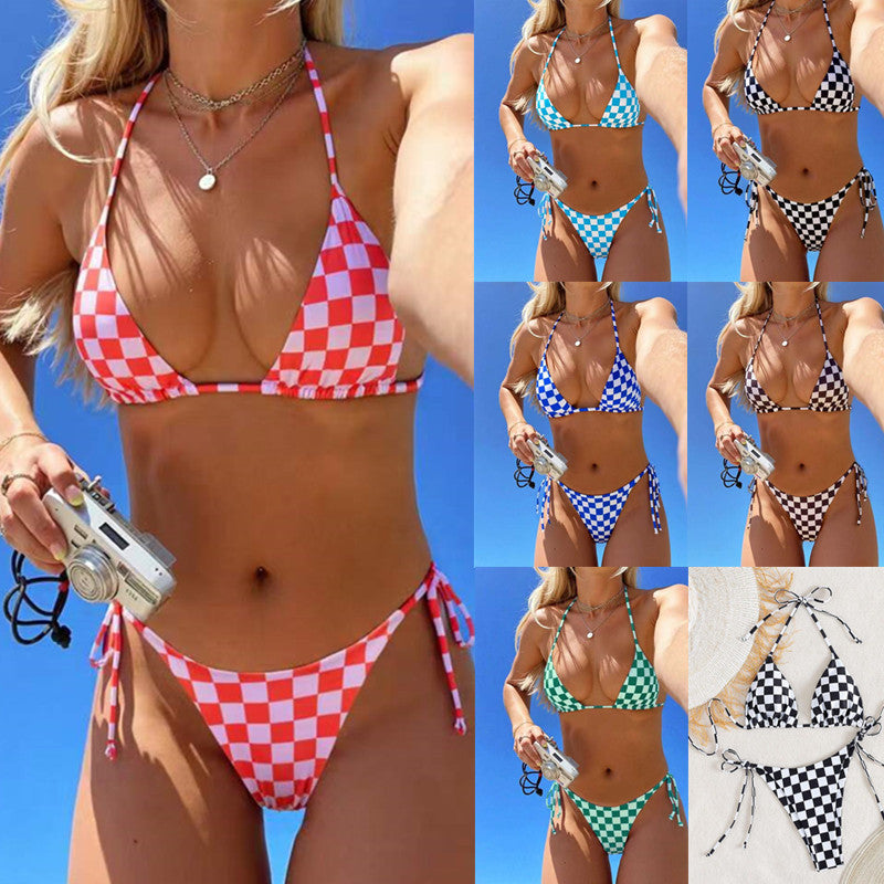 Checkered Lace-up Split Bikini swimsuit