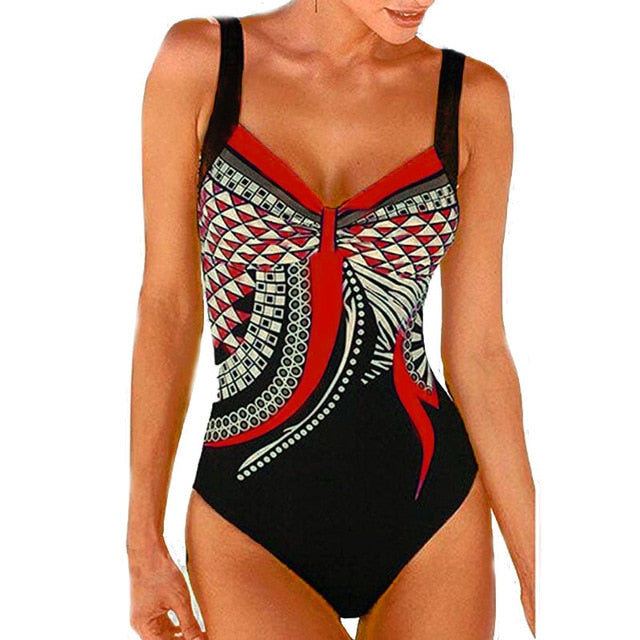 Vintage‑style push‑up printed swimsuit for women made of polyester and spandex, displayed on a plain background.
