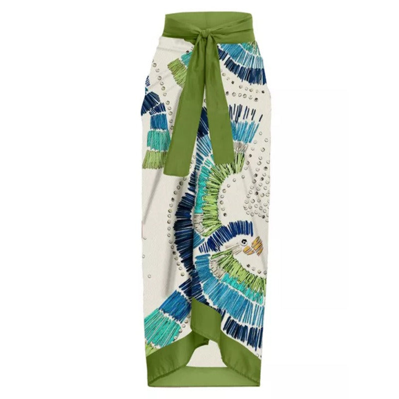 Green skirted Crushed Flowers swimsuit set with added coverage and flattering silhouette.