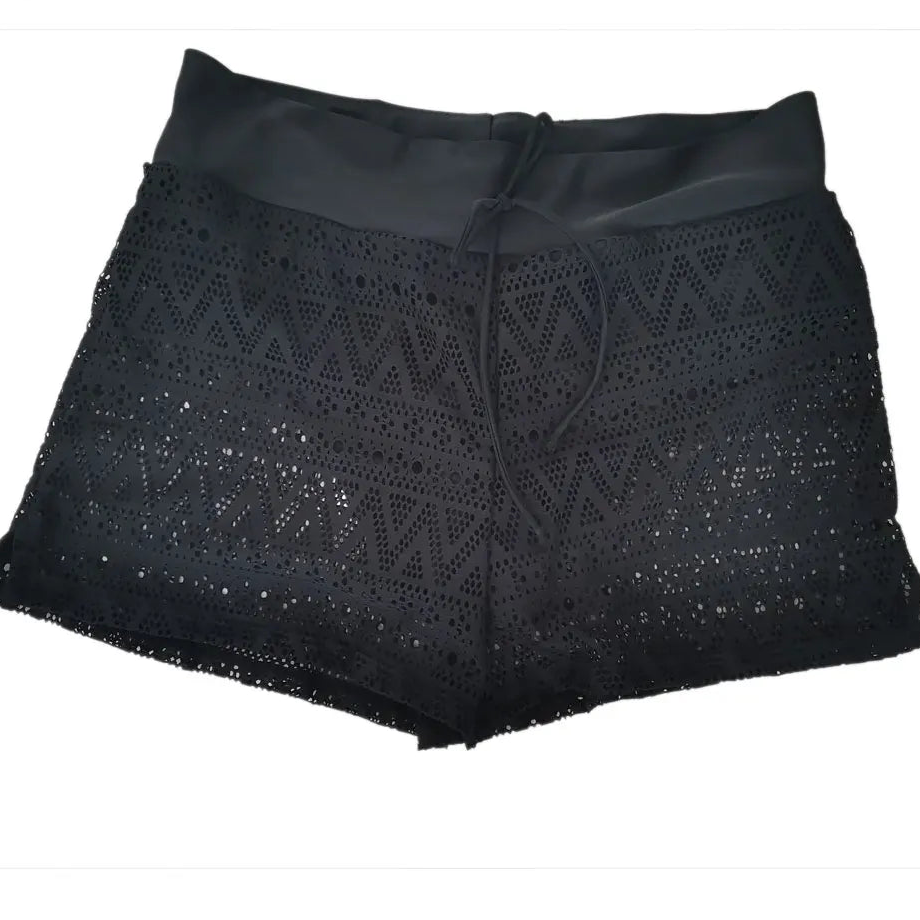 Black lace shorts with geometric pattern on a white background sold at PeachyBeanz.