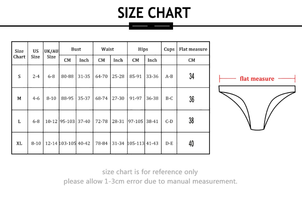 Size chart for women's underwear with measurements in centimeters and inches.