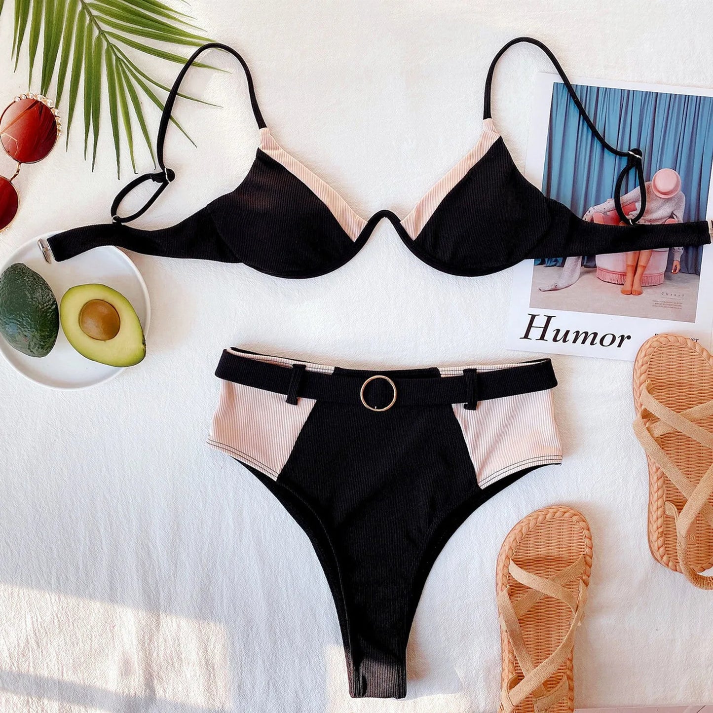 Pink and black bikini set sold at PeachyBeanz.