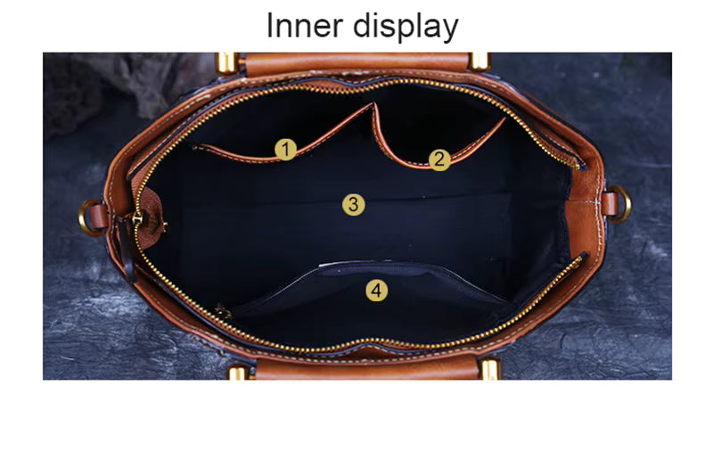 Brown leather handbag with gold hardware on a dark textured background