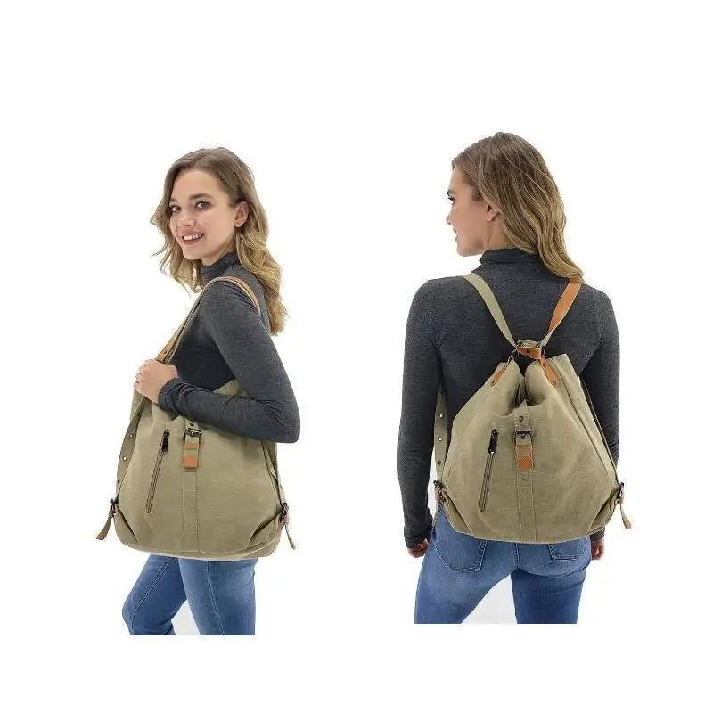 Women’s soft canvas backpack with zipper closure, top handle, and shoulder straps, featuring external pockets and a casual everyday design.