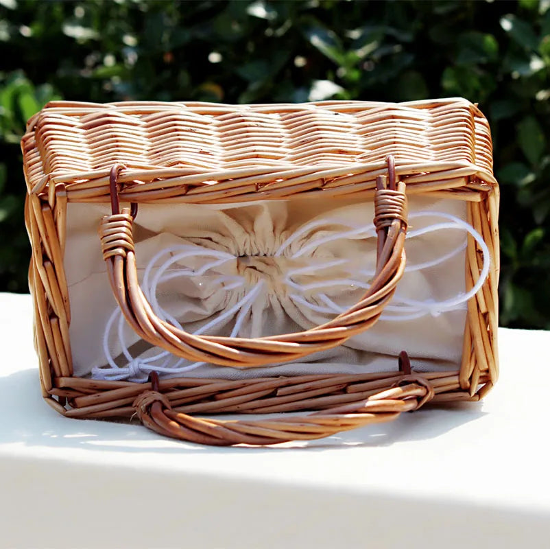 Women's Ribbons Bow Tie Top-Handle Wicker Bag