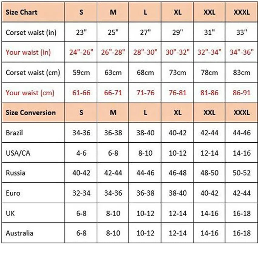 Size chart for corset waist measurements in inches and centimeters with conversion to other sizes.