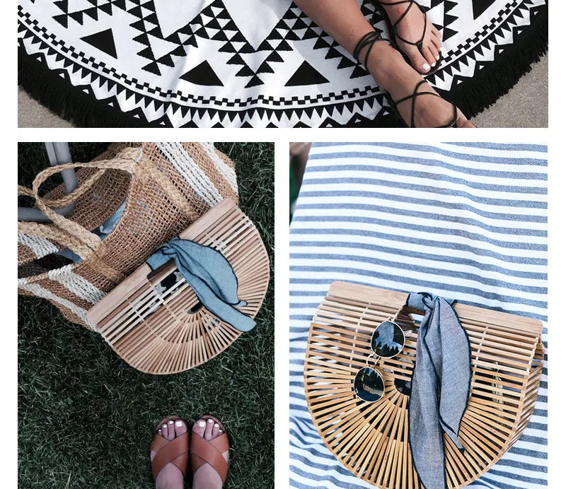 Collage of a person sitting on a patterned mat with a woven bag and sandals on grass.