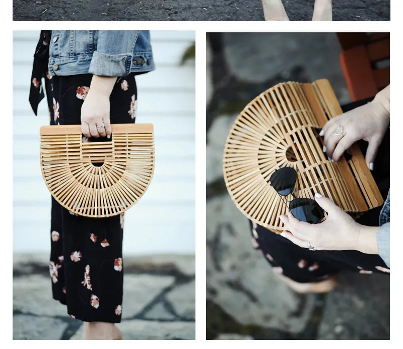 Woven handbag held by a person with a blurred background