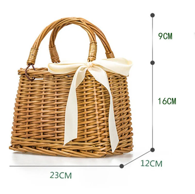 Women's Ribbons Bow Tie Top-Handle Wicker Bag