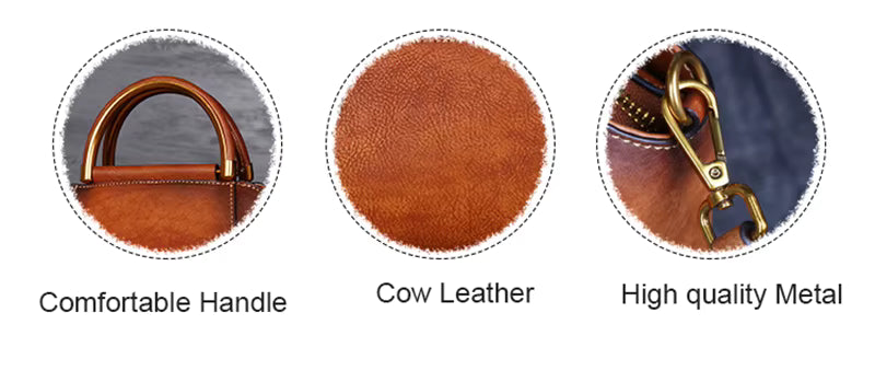 Three close-up images of a leather product with labels for comfortable handle, cow leather, and high-quality metal.