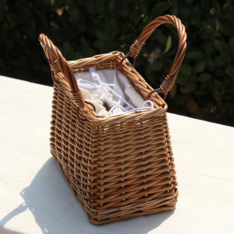 Women's Ribbons Bow Tie Top-Handle Wicker Bag