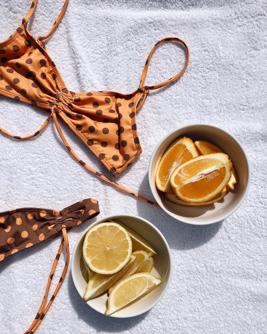 Polka dot bikini with bowls of sliced lemons and oranges on a light background
