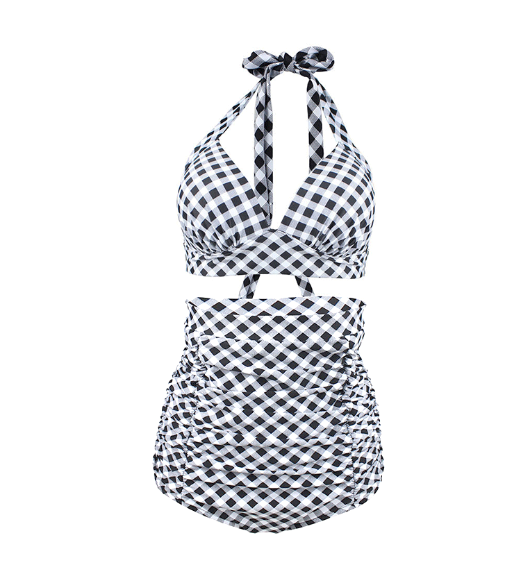 Sleek two‑piece swimsuit features a bold printed halter top and high‑waisted briefs, crafted from 82% nylon with a smooth, elastic feel and polyester lining for comfort and durability.