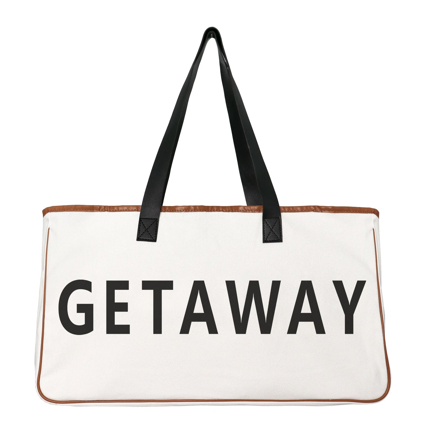 White tote bag with 'GETAWAY' text and black handles on a white background