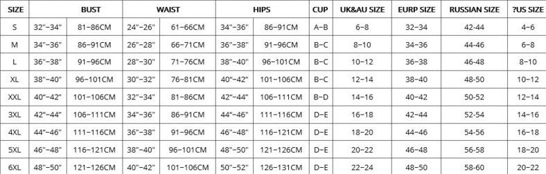 Size chart for clothing with measurements in various units.