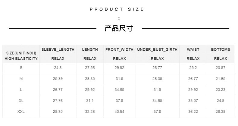 Product size chart for sleeve length, length, front width, under bust girth, waist, and bottoms with measurements.