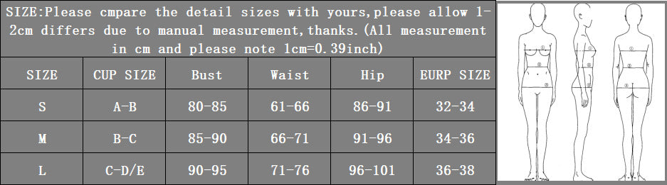 Size chart for women's clothing with measurements in centimeters and inches.
