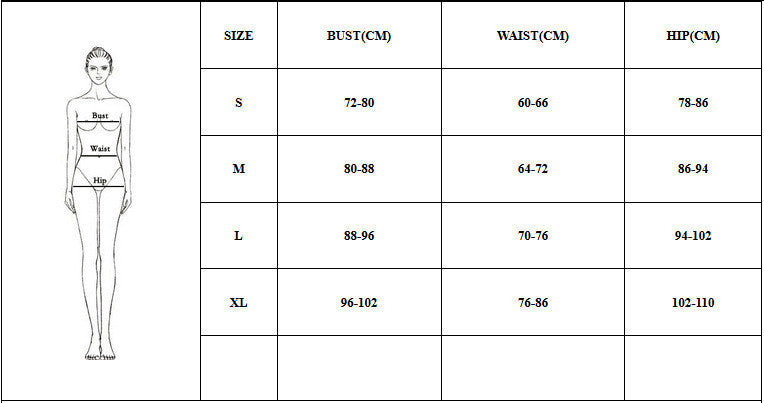 Measurement chart for clothing sizes with bust, waist, and hip dimensions.