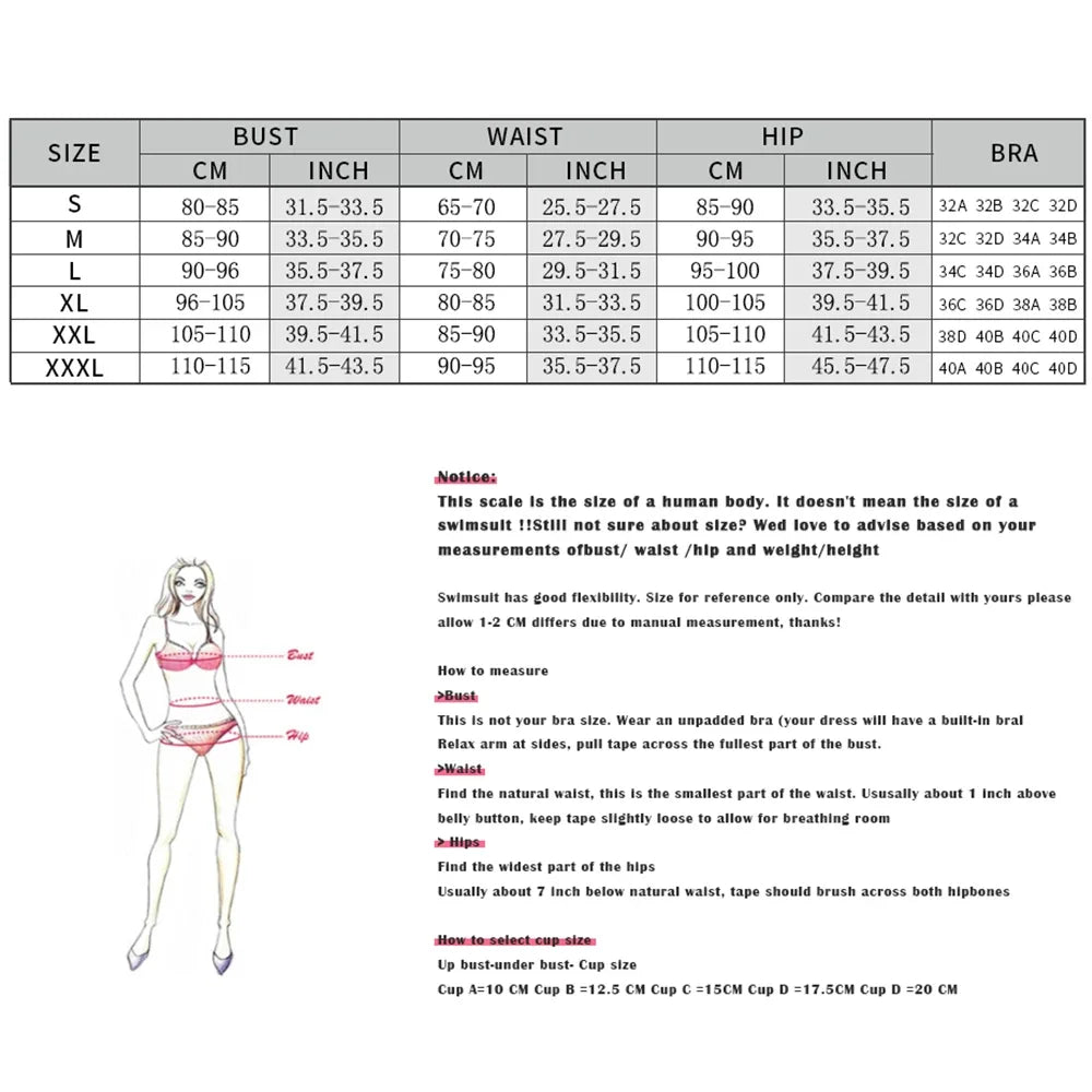Size chart for swimsuits with measurements in centimeters and inches, including a diagram of a woman's body.