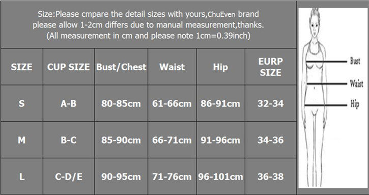 Size chart for clothing with measurements in centimeters and a diagram of a person.
