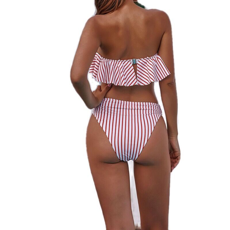 Red and white striped bikini set on a white background sold at PeachyBeanz