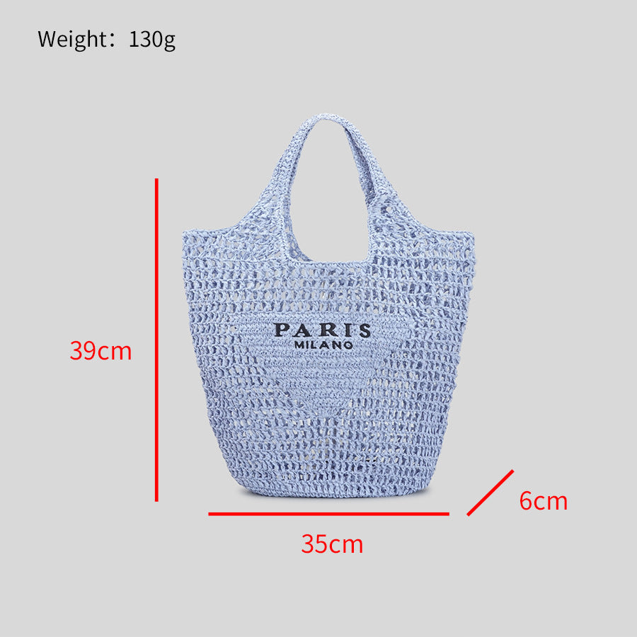 Blue woven bag with 'PARIS MILANO' branding and measurements on a gray background