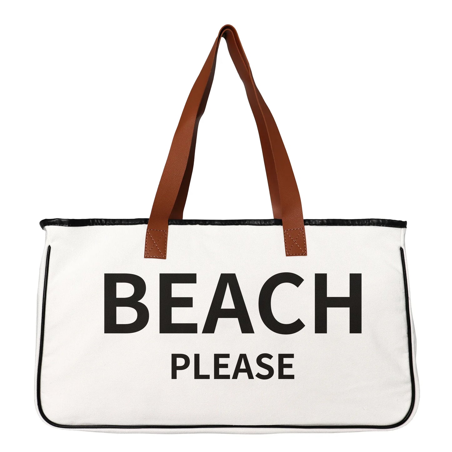 White tote bag with 'BEACH PLEASE' text and brown handles on a white background