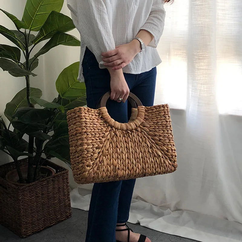 Authentic handmade woven straw handbag sold at PeachyBeanz