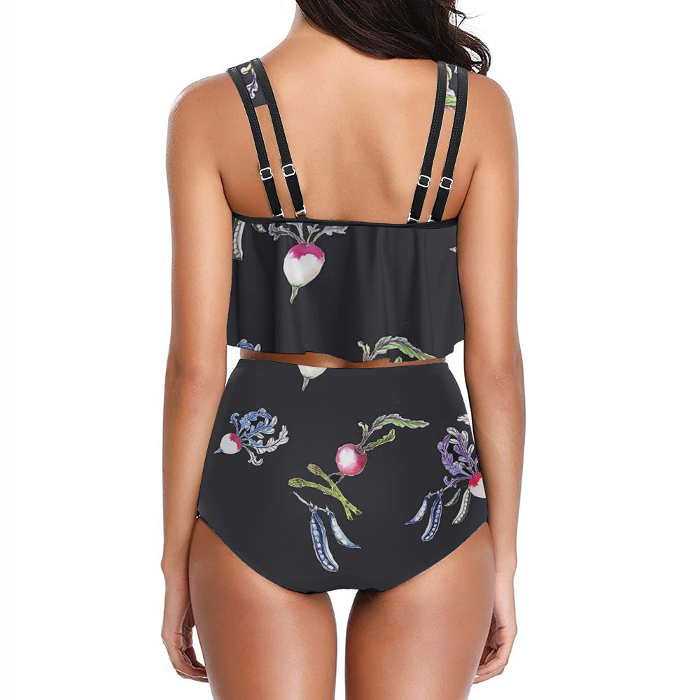 Two‑piece floral and black ladies bikini swimsuit with adjustable straps displayed on a white background.